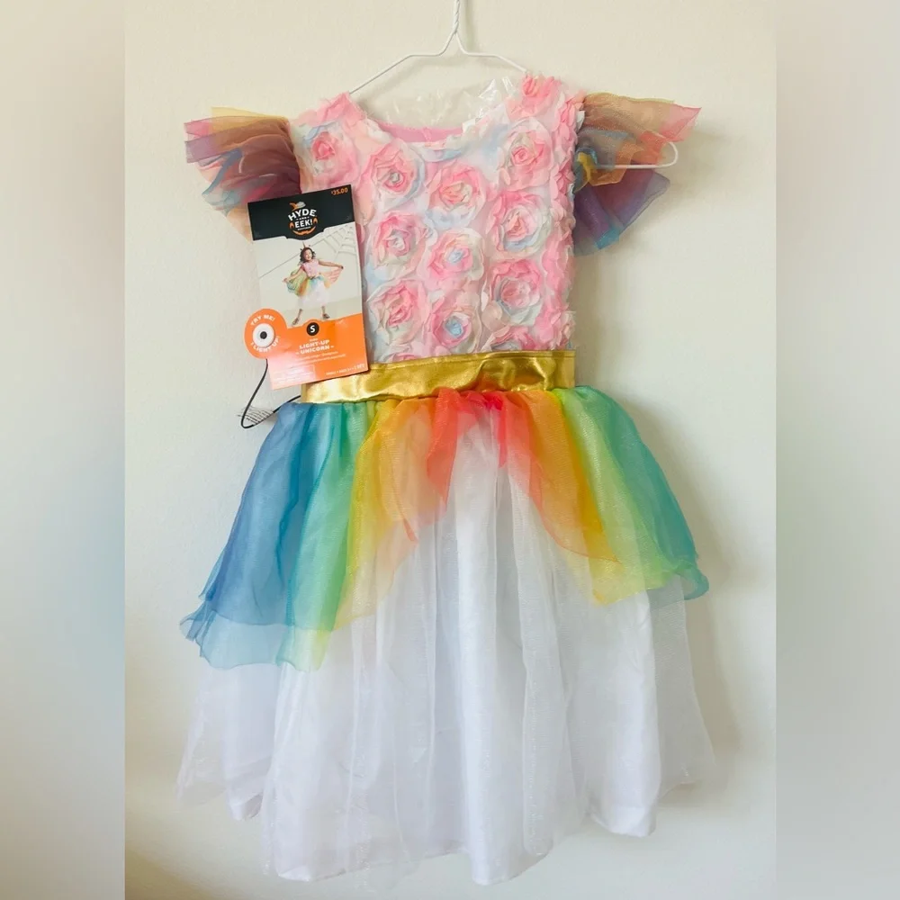 ❤️New Vibrant Floral Kids Dance Costume with Gold Waistband LIGHT-UP ~ UNICORN✨